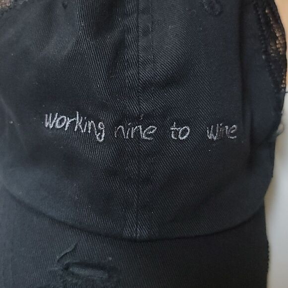 "WORKING NINE TO WINE" BLACK DISTRESSED SNAPBACK TRUCKER HAT - Picture 2 of 8